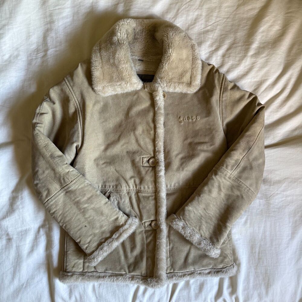 Vintage GUESS Beige Faux Suede Sherpa Lined Jacket | Y2K Size S